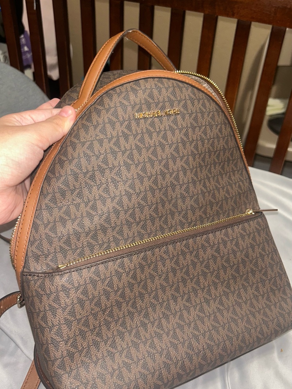 Michael Kors Brown MK Logo Mini Backpack with Tan Trim